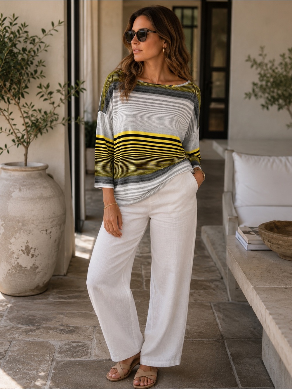 ST. JOHN Women's Top MEDIUM SoCa Oversized Boatneckโ Striped Tunic Viscose Blend